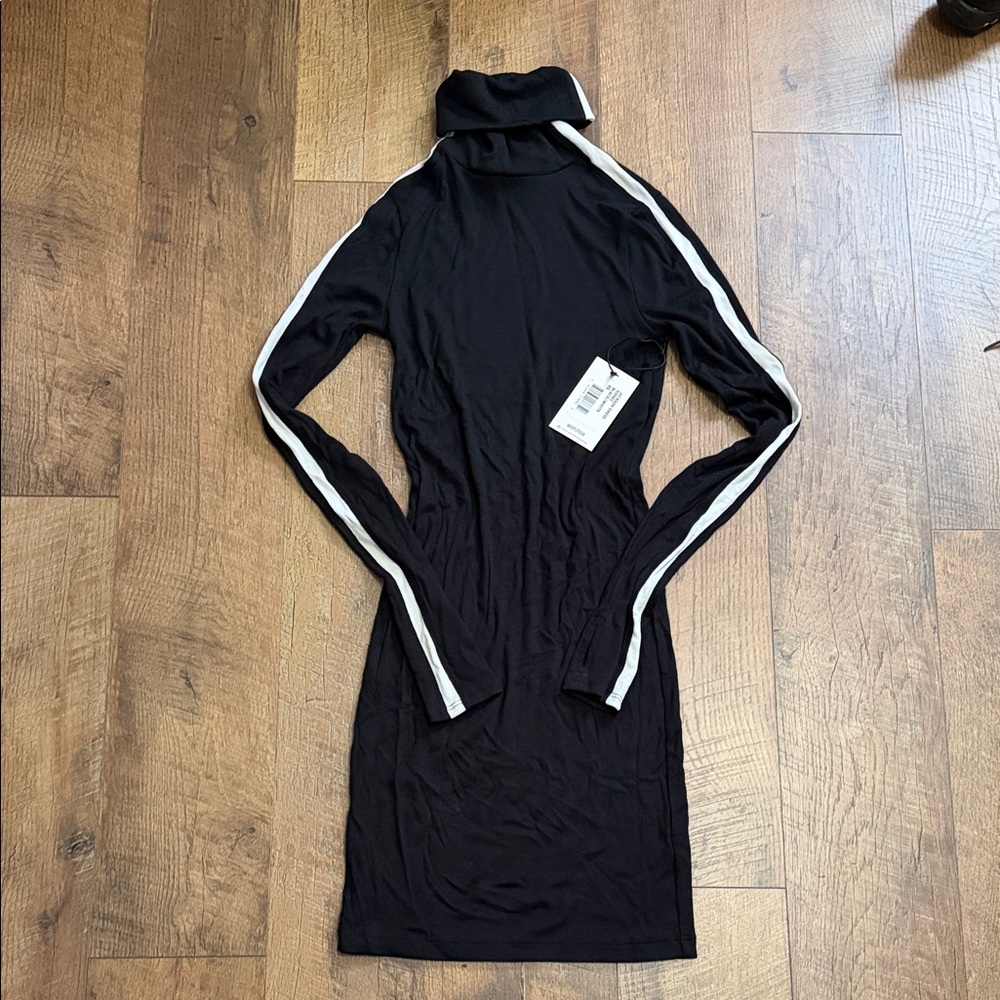 Splits59 Black Long Sleeve Dress with White Stripes